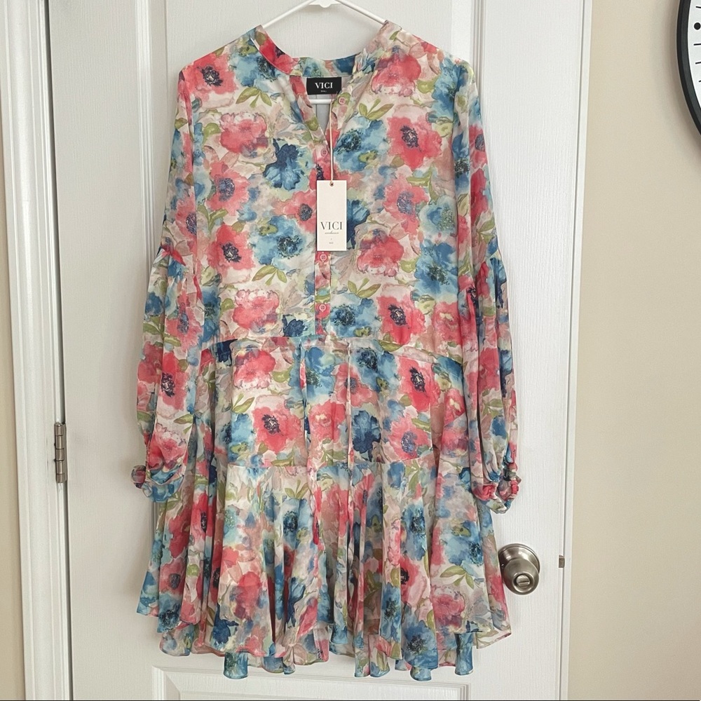 Vici Floral Adjustable Balloon Sleeve Dress - NWT